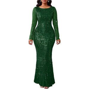 Women's Sequins Round Neck Long Sleeve Maxi Dress Green